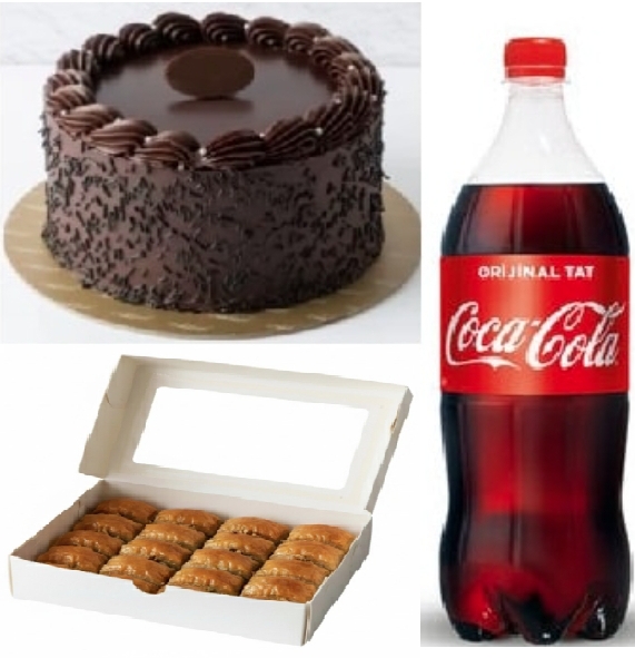 2-3 Kişilik Çikolatalı Yaş Pasta (1 Adet), 1 kg Cevizli Baklava (1 Adet), 1 Litre Kola (1 Adet) Adana pasta